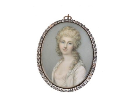 
	
		Y &nbsp;19th century English school, portrait miniature on ivory of a young woman in a white dress, paste set frame with