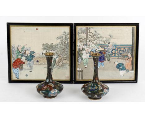 
	
		A pair of Japanese cloisonné vases, brightly enamelled on a brown ground, 12.5cm high, Meiji-Taisho Era and a pair of Ch