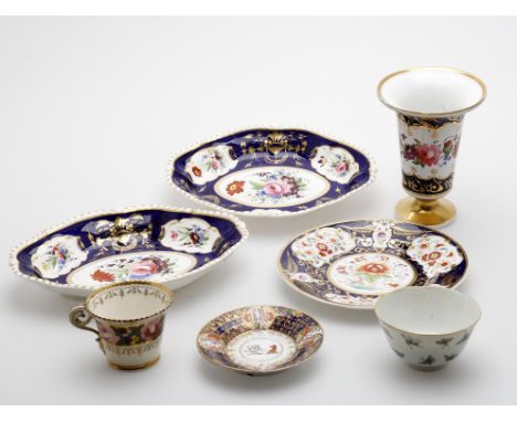 
	
		Early 19th century English porcelain to include; two Bloor Derby oval floral painted dishes, orange printed marks, 28.5c