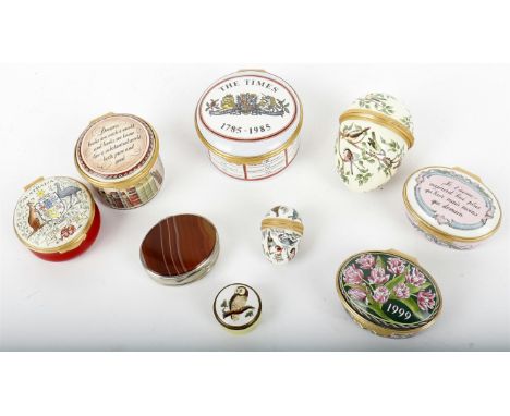 
	
		A collection of Halcyon Days enamel boxes, to include: a circular enamel box, The Times 1785-1985, 6.5cm (2 1/2in) diame