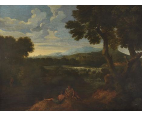 
	
		Follower of Gasper Dughet 
		Landscape with waterfall and figures along the bank
		Oil on canvas
		49.5 x 65cm (19¼ x 25