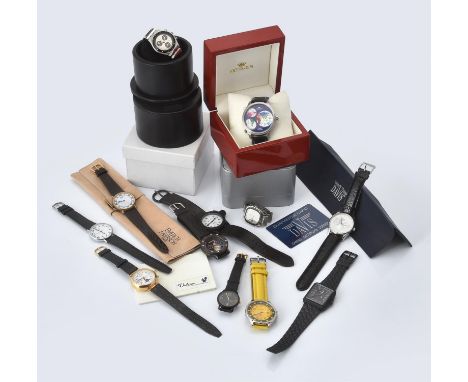 
	
		A collection of wrist watches, to include: a Swatch Irony chronograph wrist watch, with box, guarantee and outer card pa