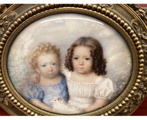 
	
		Y&nbsp;Early 19th century French school- portrait miniature on ivory of two children with lamb, oval, dated 1825, in gil