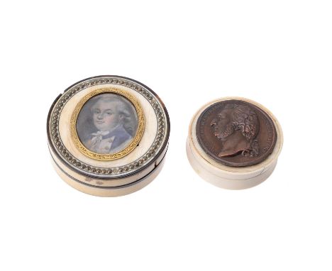 
	
		Y&nbsp;Two 19th century French portrait mounted ivory boxes, the first with a uniface striking of a medal for Marechal P