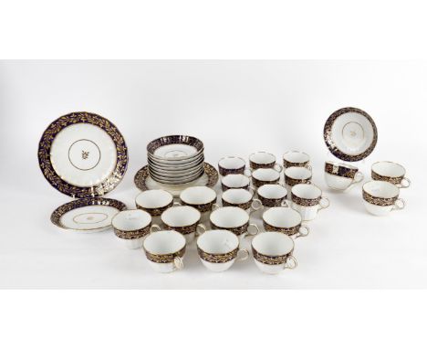 
	
		A Chamberlains Worcester matched part blue and gilt tea service, several pieces marked in script, pattern number 385, (3