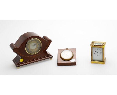 
	
		A small French lacquered brass carriage timepiece, R &amp; Co Paris, 12cms high; a French pocket Holosteric barometer, P