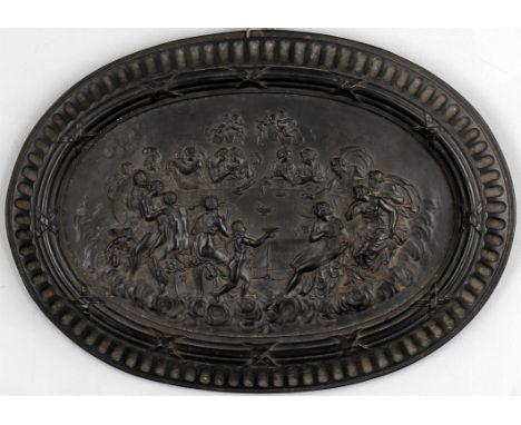
	
		A black basalt plaque depicting the 'Feast of the Gods', in the manner of Wedgwood and Bentley, unmarked, oval shaped an
