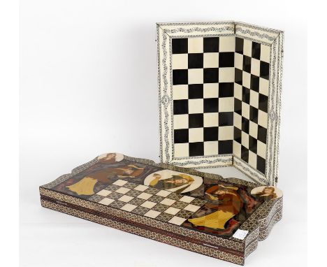 
	
		Y &nbsp;A Vizagapatam ebony and ivory folding chess board, late 19th century, of folding hinged rectangular form, single