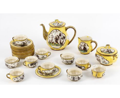 
	
		A Savona faience tea service, 19th century, yellow ground with fielded panels with hand painted figural scenes, comprisi