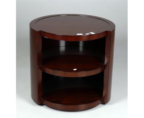 
	
		Ralph Lauren- a modern hardwood circular bedside table, 2 shelf interior, metal plaque, made in China, 63.5cms diameter,