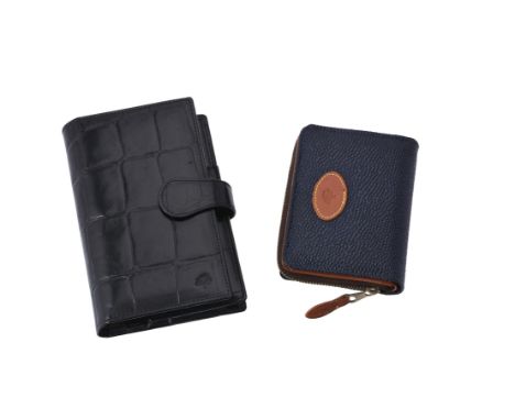 
	
		Mulberry, a black pressed leather phone case/notepad, with an exterior zipped pocket, the button fastener opening to a p