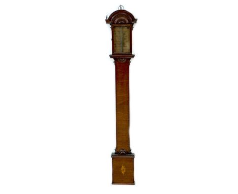 A 19th century mahogany stick barometer, in inlaid fan patera decoration, pen drawn face / scale behind a small glass door, 1