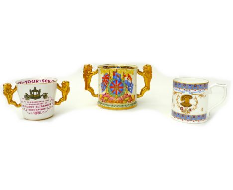 A group of three commemorative cups, comprising a Paragon limited edition loving cup, with lion handles, to commemorate the C