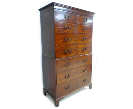 A George III mahogany tallboy chest on chest, two short over six long drawers secretaire drawer, with cock beading and brass 