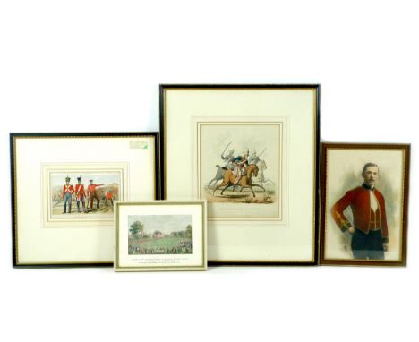 A collection of four military-themed prints, including 'Light Dragoons Serving in the East Indies', 26 by 22 cm, glazed, moun