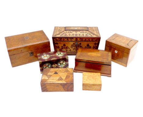 A group of wooden boxes, including a 19th century sarcophagus shaped tea caddy, 31.5 by 16 by 18.5cm high, a Victorian sewing