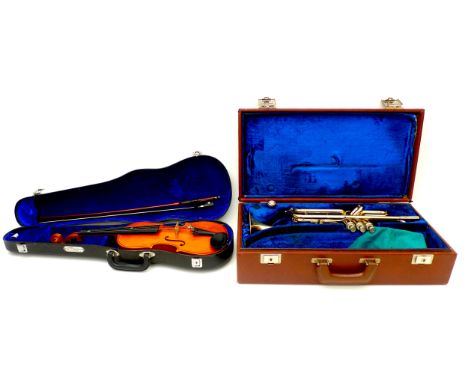 A 'B & M Champion' trumpet, 55 cm long, in fitted case, 54 by 28 by 15cm, together with a half size Skylark violin, 53cm long