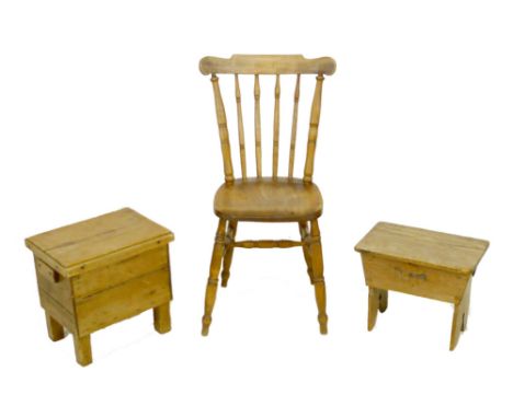 A Victorian oak stick back chair, 46 by 46 by 86cm high, together with two small pine box stools. (3) 