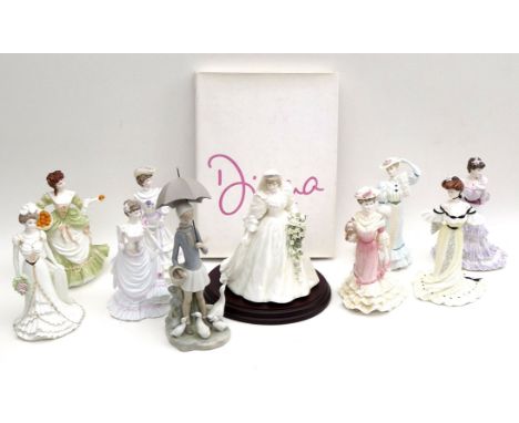 A group of eight Coalport figurines, 'Golden Age' and 'Femmes Fatales' series, together with a Lladro figurine of a girl hold