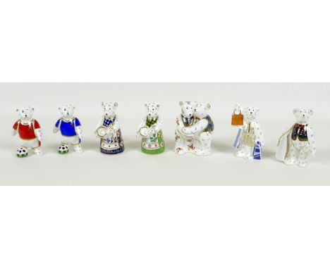 A group of seven Royal Crown Derby paperweights, all modelled as miniature bears, comprising 'Shopping' bear, 2002, no stoppe