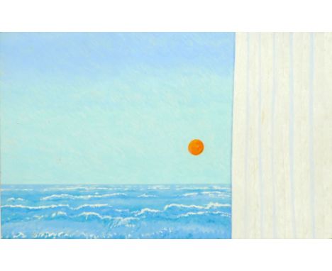 A modern seascape showing the sun above waves, viewed with a white shutter beside, oil on board, unsigned, dated '04.87' to t