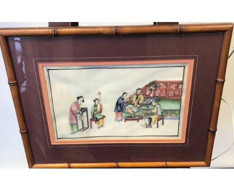 A 19th/ early 20th century Chinese painting on rice paper. Depicts figures playing instruments. Fitted within a bamboo style 