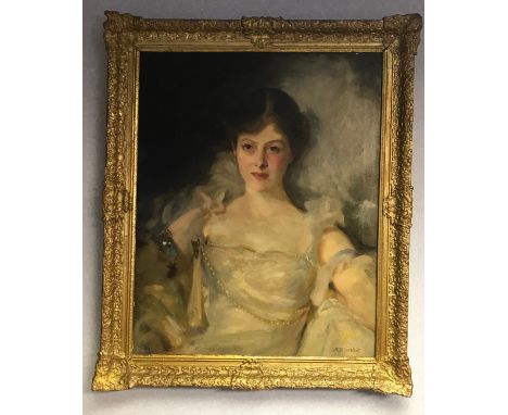 18th/19th century oil painting on canvas depicting a lady of importance, signed [A.R. Mitchell], within a moulded gilt frame,