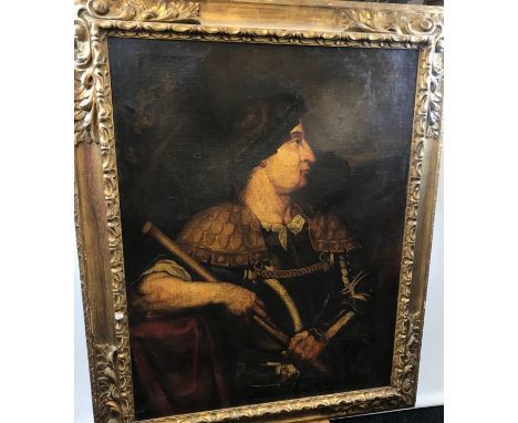 A large 17th/ 18th century oil painting on canvas depicting a portrait of an Important figure likely to be a Roman Emperor. F