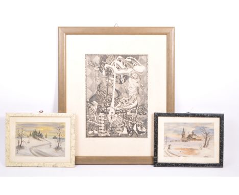 A 20th century Russian limited edition Surrealist engraving depicting a serious of shapes, patterns and objects composed in a