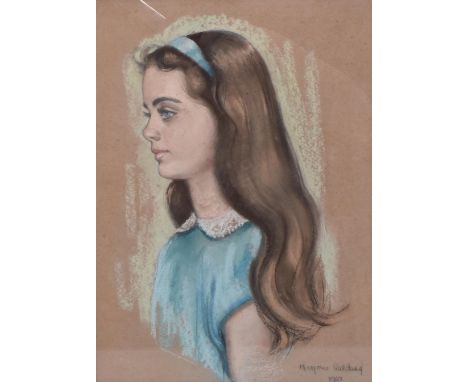 Marjorie Wilding (1909-2009) - a 20th century pastel portrait study of a young lady in blue dress with matching headband. Sig