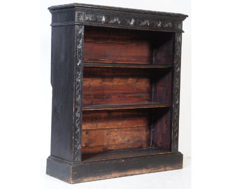 A Victorian 19th century Jacobean revival&nbsp;oak open window / fronted breakfront bookcase. The bookcase raised on bracket 