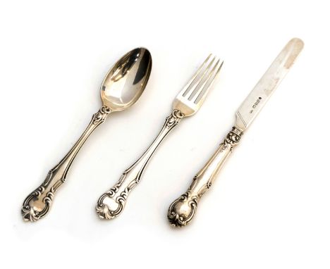 A Victorian silver Christening knife, fork and spoon set, Rococo design, Aran Hadfield, Sheffield 1851, 3.27oztcondition: no 