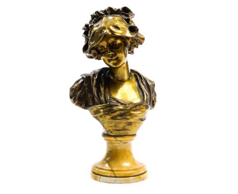 A French Art Nouveau gilt bronze bust of a young lady wearing a bonnet, inscribed to the rear D'Apres, George Duval, mounted 