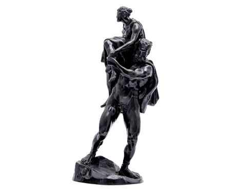 A 19th Century bronze Neo-classical study of a bearded gent wearing a coronet rescuing a maiden upon his shoulder, published 