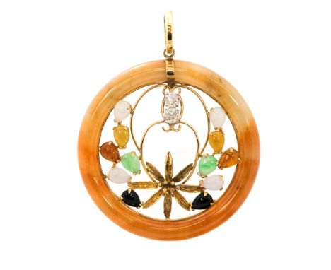 A diamond set jade circular 18ct yellow gold donut pendant, the open centre comprising two round old cut diamonds and twelve 