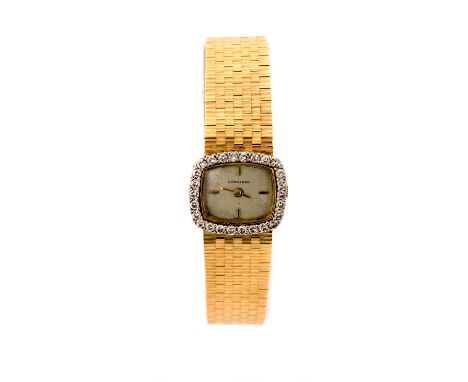 Longines, a vintage Longines lady's 18ct gold and diamond set wristwatch, the 2cm rectangular shaped dial with baton numerals