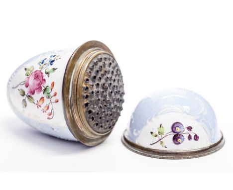 An 18th Century English enamel nutmeg grater, circa 1770, of egg form, painted in polychrime with foliage within raised scrol