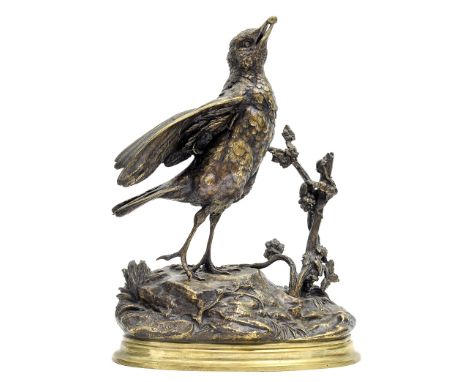 Jules Moigniez, a late 19th Century gilt bronze model of a bird standing beside a vine branch with a grape in its mouth, rais
