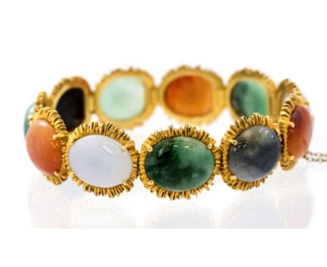 A multi coloured jade 18ct yellow gold link bracelet signed Gubelin 4279-5, eleven oval cabochon links, comprising green, ora