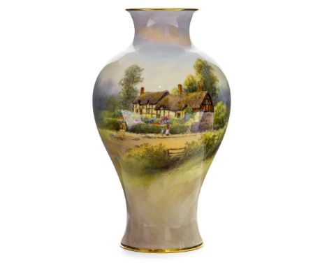Royal Worcester vase painted by W. Long, 1928, inverse baluster form decorated in the round with Worcestershire cottage scene