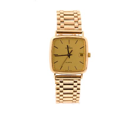 Garrard, a boxed vintage gents Garrard wristwatch, square dial with baton numerals and date aperture at 3 o'clock, on a 9ct b
