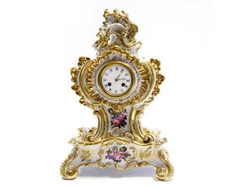 A Paris porcelain bracket clock in the Rococo style, Jacob Petite, the 3 inch enamelled dial within a florally decorated case