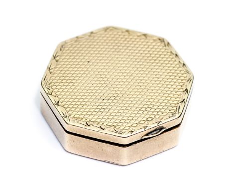 Asprey of London, a 9ct gold pill box, octagonal form with engine turned lid, marked Asprey, 2.5cm diameter, 9.4gCondition Re