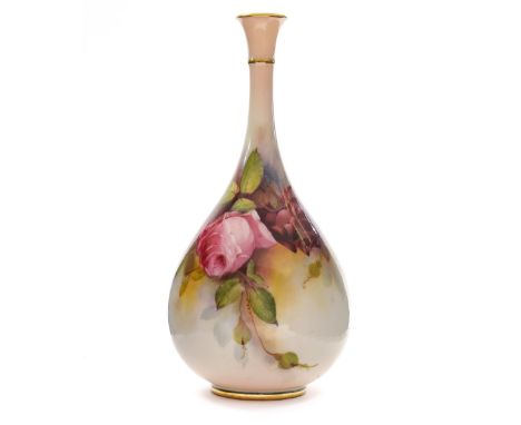 A Royal Worcester Blush ivory hand painted baluster vase, decorated with roses, signed W.H. Austin, circa 1915, 22cm high 