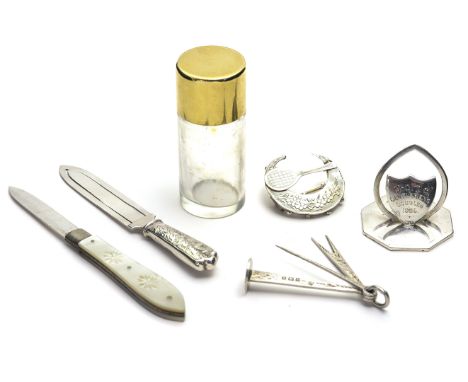 A collection of small silver items including Aspery silver gilt and glass scent bottle, London 1913, a menu holder inscribed 