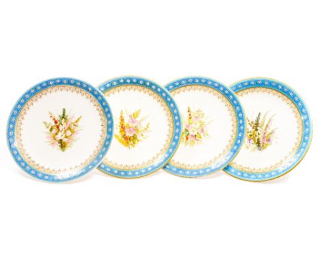 Four Royal Worcester Aesthetic Movement dessert plates, painted with wild flowers, 1874, blue borders with raised jewelling, 