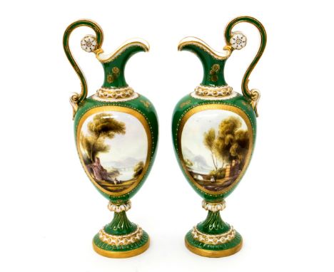 Harry Davis for Royal Worcester, a pair of ewers, 1912, green ground with floral sprays, central Romantic landscape vignettes