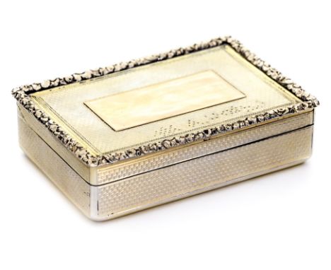 A George III silver gilt snuff box, engine turned rectangular section with vacant cartouche and milled foliate frame border, 