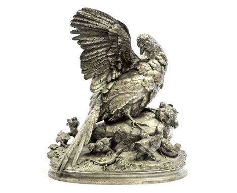 Alphonse Alexandre Arson (French, 1822-1880), a silvered bronze study of a bird of prey with her chicks and a lizard, raised 