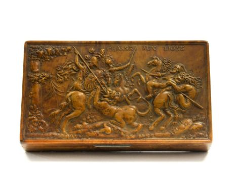 A 19th Century French fruitwood pocket snuff box, of rectangular form, the lid with a classical scene titled Chasse Aux Lions